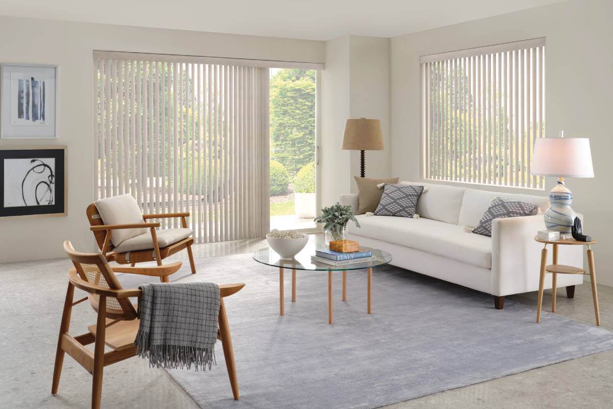 Living room with vertical blinds